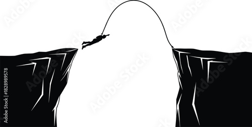 Silhouette of person on bungee cord jumping between cliffs bungee jumping, cliff, jump, silhouette, black and white, extreme sport, adventure, risk, danger, freedom, motion, action, sport, recreation,