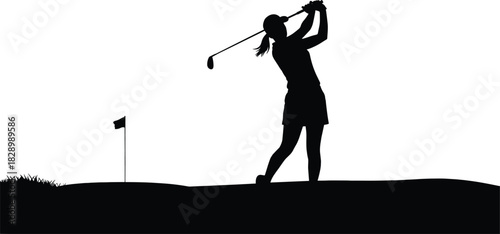 Silhouette of woman golfer swinging club on golf course with flag golf, golfer, woman, female, silhouette, swing, club, sport, recreation, outdoor, activity, game, green, grass, flag, hole, course, ac