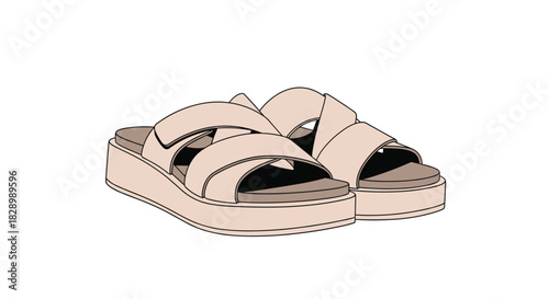 A simple and stylish vector illustration of a pair of trendy beige platform sandals with thick criss-cross straps for summer fashion.