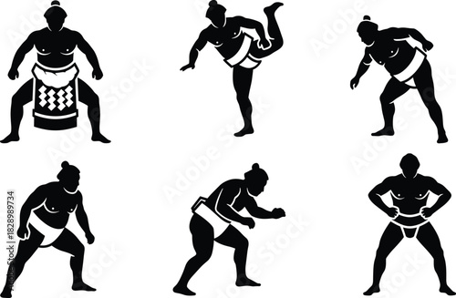 Six Black Silhouette Sumo Wrestlers in Various Poses sumo wrestler, sumo, wrestling, sport, athlete, martial art, japan, japanese, fighter, combat, strength, power, action, pose, silhouette, black and