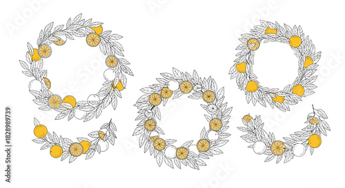 A beautiful set of hand-drawn lemon wreaths and branch arrangements with yellow fruit accents perfect for citrus-themed summer designs.