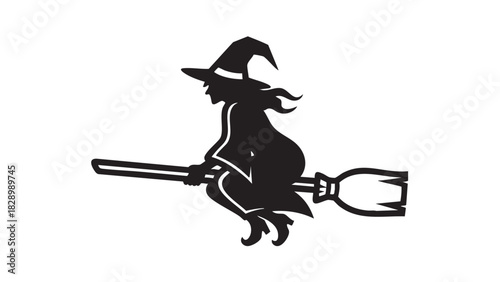 Mystical flying witch silhouette on broomstick, capturing the enchanting spirit of fantasy and magical folklore for festive Halloween designs and decorations