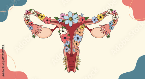 A beautiful and artistic illustration of the female reproductive system blooming with colorful flowers symbolizing femininity and women's health.