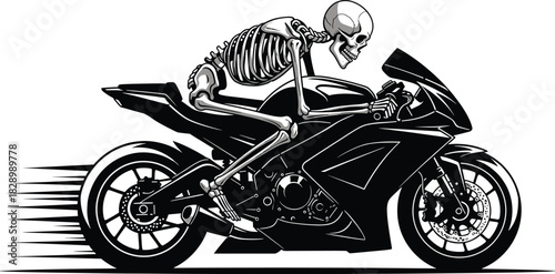 Skeleton riding a black sport motorcycle with motion blur skeleton, motorcycle, riding, sport bike, black, white, motion blur, speed, racing, danger, death, grim reaper, biker, transportation, vehicle