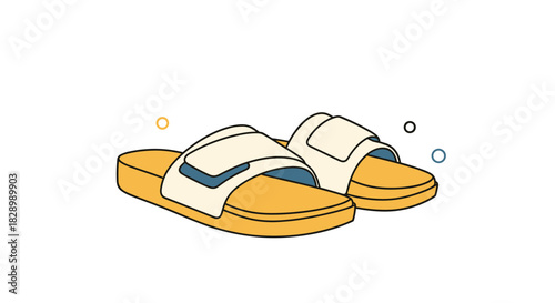 A modern and stylish vector illustration of a pair of yellow and white slide sandals with adjustable straps for casual summer wear.