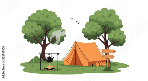 A cozy cartoon camping scene with an orange tent a boiling kettle over a campfire and lush green trees in the wilderness.