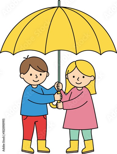 Cute boy and girl standing together under a yellow umbrella, smiling happily in a simple colorful cartoon illustration for children’s themes