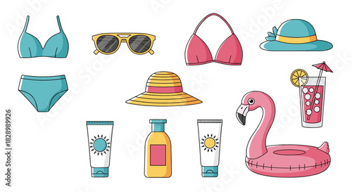 A large collection of colorful cartoon summer beach accessories including bikinis sun hats sunglasses sunscreen and a flamingo inflatable ring.