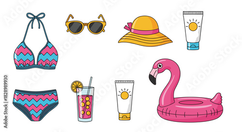 A colorful collection of essential summer beach items including a bikini sunglasses a sun hat sunscreen and a flamingo pool float.