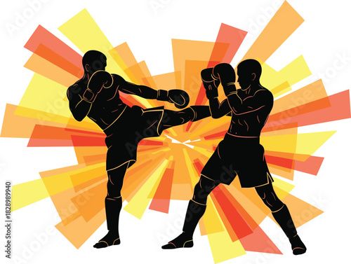 Two boxers in silhouette fighting against abstract orange yellow background boxing, fight, fighter, combat, martial arts, sport, competition, athletic, action, dynamic, silhouette, black, orange, yell