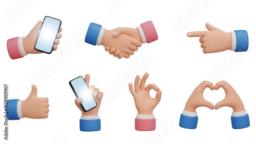 Set of 3d cartoon hands showing different gestures isolated on transparent background handshake, heart shape, ok sign