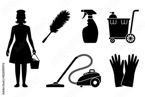 Сleaning set with cleaning lady, detergent, vacuum cleaner, PP duster, gloves and trolley vector silhouette

