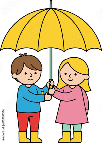 Cute boy and girl standing together under a yellow umbrella, smiling sweetly in a simple colorful cartoon illustration perfect for children’s themes