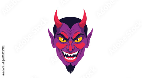 A menacing vector illustration of a purple devil's head with sharp teeth glowing yellow eyes and red horns on a white background.