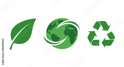 Green environmental symbols - leaf, globe with arrows, and recycling icon.