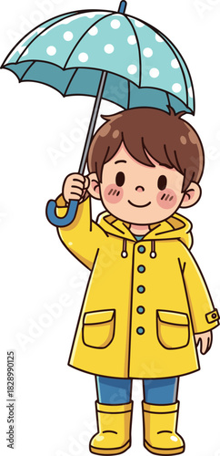 Cute cartoon boy in yellow raincoat holding polka dot umbrella, rainy day kids illustration, children weather protection vector artwork