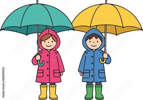 Cute boy and girl wearing colorful raincoats and boots holding umbrellas, standing together in a cheerful rainy weather children’s illustration scene