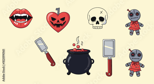 A collection of colorful and creepy cartoon icons for voodoo or Halloween themes including a voodoo doll a skull and a cauldron.