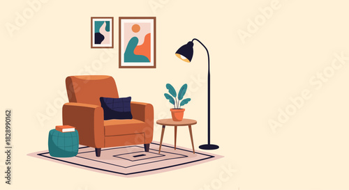 A cozy and modern living room interior with an armchair a floor lamp a side table and wall art providing ample copy space.