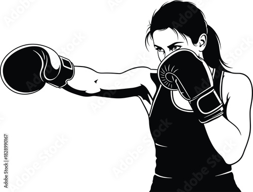 Woman boxing punch black and white illustration fighter, boxing, woman, punch, fighter, athlete, sport, fitness, training, combat, martial arts, strength, power, action, motion, dynamic, graphic, illu