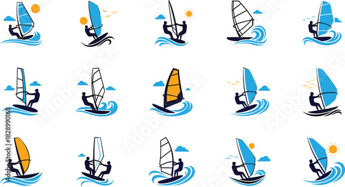 Windsurfing icons with sun clouds and waves water sport, windsurfing, windsurf, water sport, sport, recreation, activity, ocean, sea, wave, surfing, sail, board, person, silhouette, sun, sunshine, sum