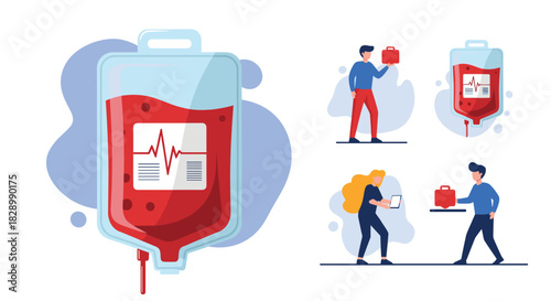 A medical concept illustration about blood donation featuring a blood bag and characters of donors and doctors in a flat design style.