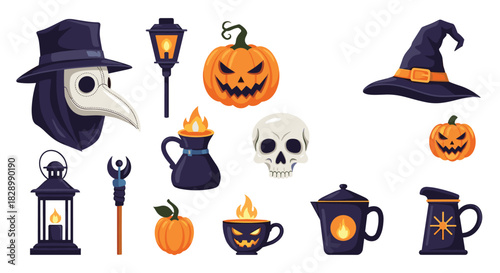 A large collection of spooky and magical Halloween icons including a plague doctor mask a jack-o-lantern a skull and a witch hat.