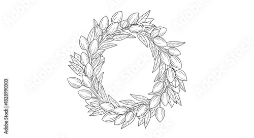 A beautiful and detailed hand-drawn circular wreath of almond tree branches with nuts and leaves in a black and white line art style.
