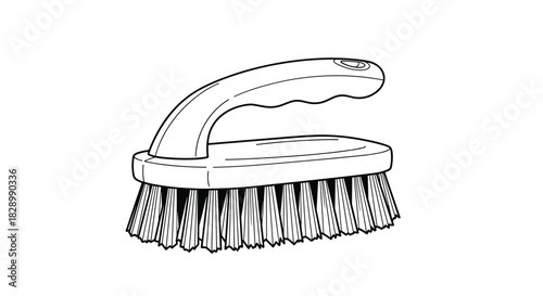 A clean black and white line art illustration of a handheld scrubbing brush with a plastic handle and dense bristles for cleaning.