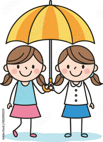 Cute cartoon illustration of two happy girls sharing yellow umbrella, friendship concept, kids protection, rainy day vector for children design