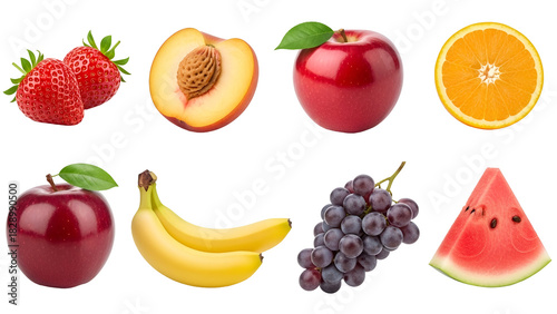 Fresh and colorful assortment of fruits isolated on transparent background, including strawberries, peach, apple, and orange