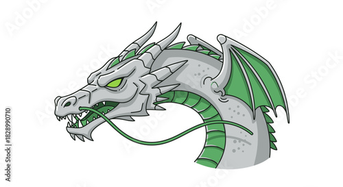 Head of a majestic white and green dragon with piercing yellow eyes.