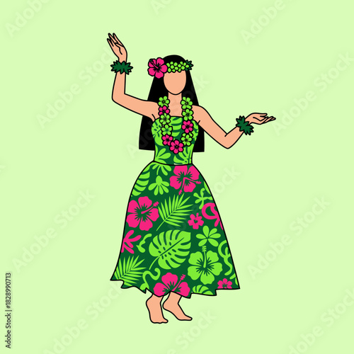 Hawaiian Hula Dancer in Traditional Floral Dress and Leis.
