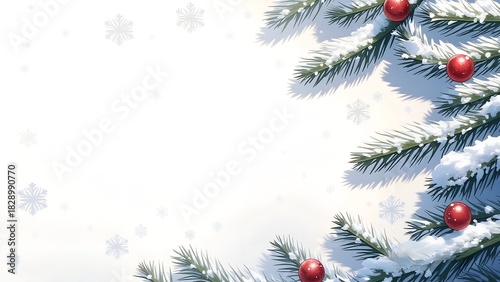Christmas Fir Branch and Red Ball Decoration Corner Frame