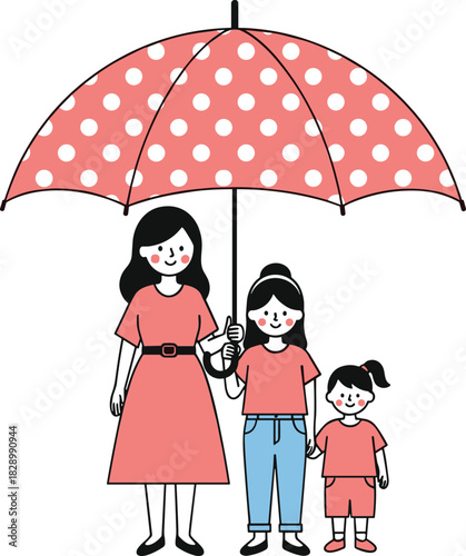 Happy mother walking with two children under a polka dot umbrella in a cute family illustration showing love, care, bonding, and togetherness