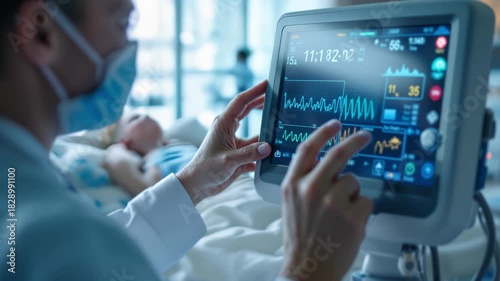 Doctor adjusting monitor beside patient in icu room, masked clinician navigating touchscreen display, cardiac waveform and alarm visible, focused clinical atmosphere and bedside care
