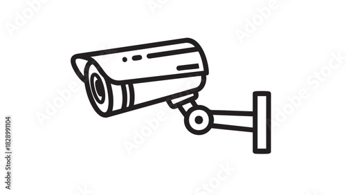 Minimalist line art icon of a CCTV security camera, representing video surveillance, safety, monitoring, and property protection