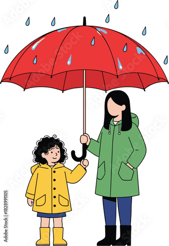 Mother and child standing together under a red umbrella in rainy weather wearing colorful raincoats, enjoying protection and bonding outdoors