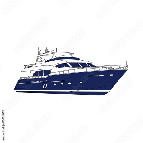 Luxury Yacht Illustration - Sleek Blue and White Motorboat Design.
