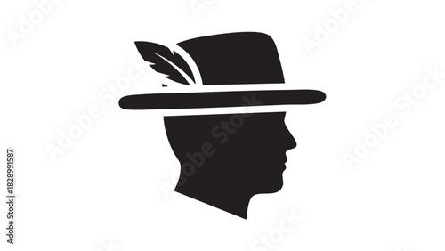 Classic silhouette of a gentleman wearing a traditional hat adorned with a feather, evoking a sense of heritage, alpine charm, and cultural elegance in a simple graphic