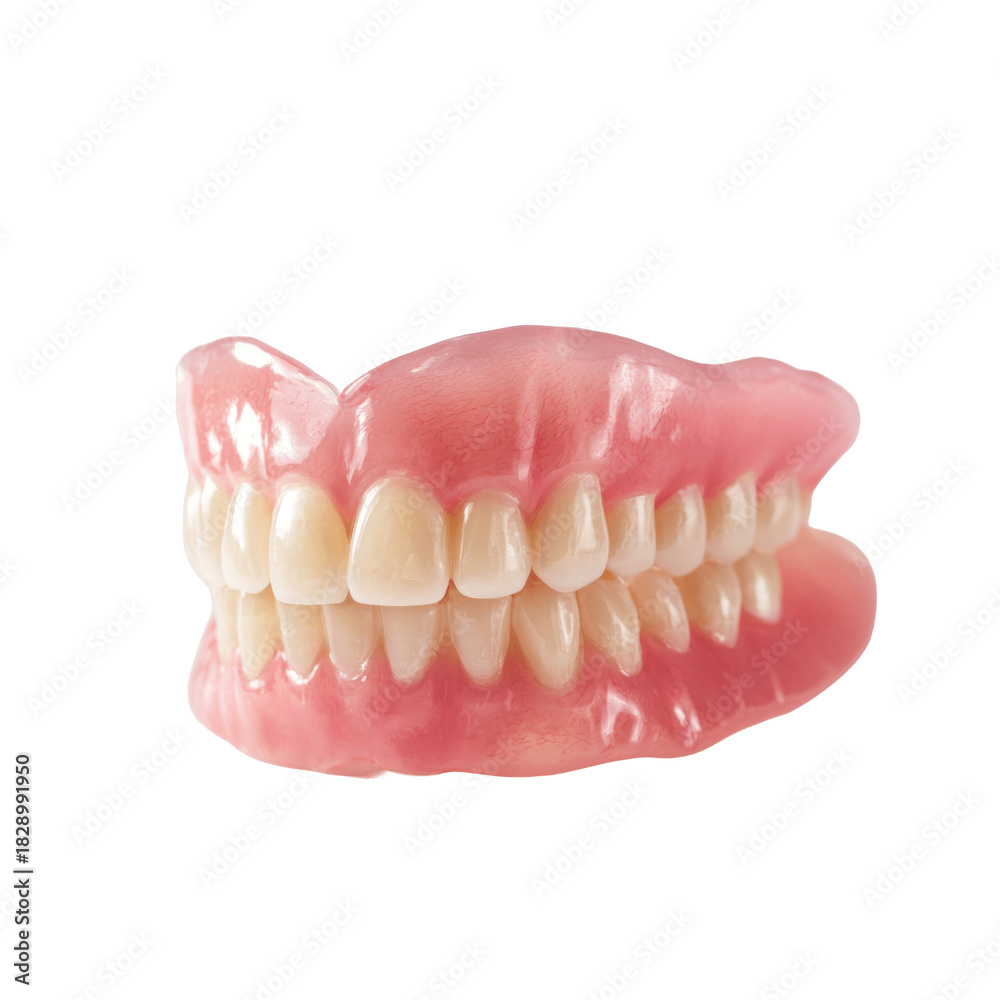 Fototapeta premium Complete set of false teeth for seniors, offering restored smiles and confident chewing, an essential aid for dental health and improved quality of life