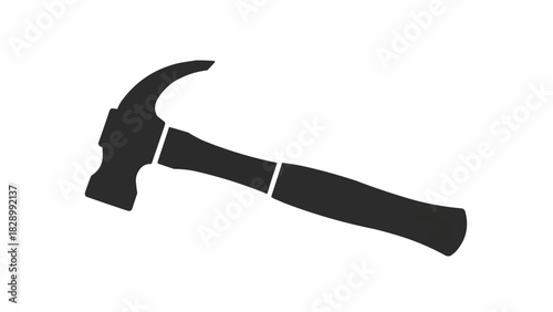 A black silhouette of a claw hammer, a common tool used for construction and carpentry, ready for use