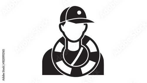 Clean and impactful vector icon of a dedicated lifeguard or safety professional, depicted with a distinctive cap and a lifebuoy, symbolizing readiness for water rescue and essential assistance