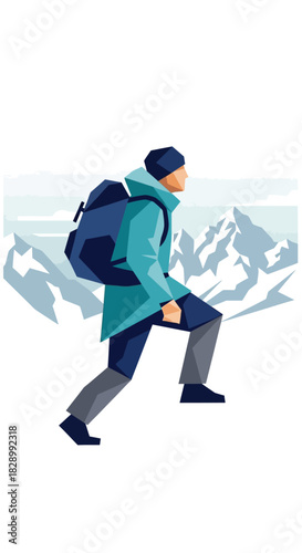 Man hiking in winter mountains with backpack.