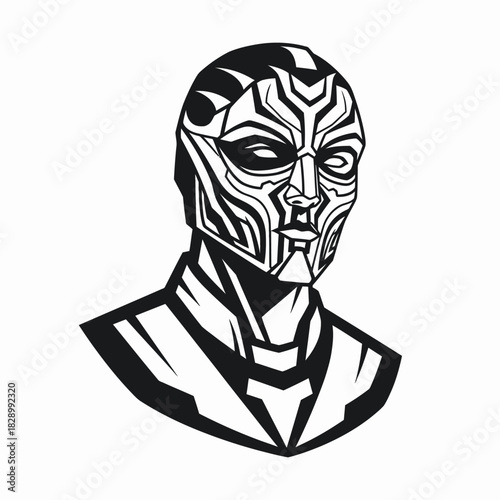 Intricate black and white illustration of a futuristic masked figure.