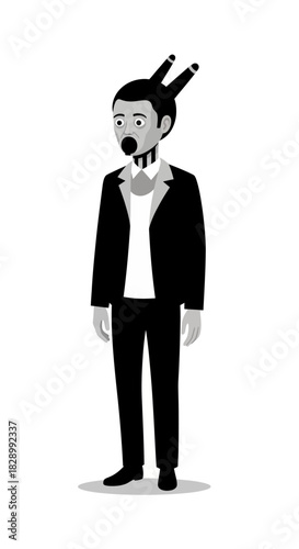 Man in tuxedo with unique headpiece and open mouth.