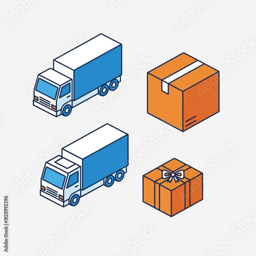 Isometric Delivery Trucks and Cardboard Boxes for Shipping and Logistics.