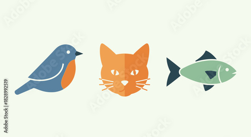 Minimalist flat design icons of a bird, cat, and fish on a light background.