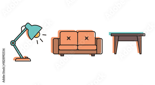 Minimalist illustration of a desk lamp, a two-seater sofa, and a table.