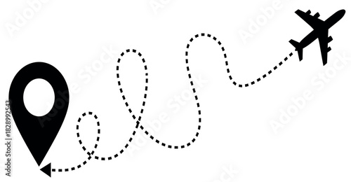 Airplane flight path icon from location to destination